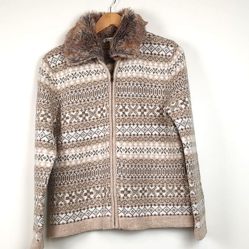 Susan Bristol Fair Isle Full Zip Faux Fur Collar Sweater Jacket Wool Size M